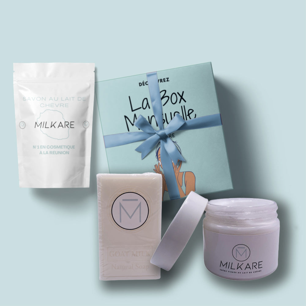 Box, packaging, savon et crème visage au lait de chèvre Milkare